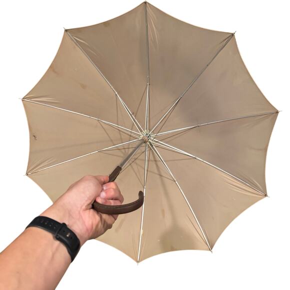 Vintage 36” Tan Umbrella With Carved Faux? Leather? Handle Parasol JAPAN - Picture 2 of 6